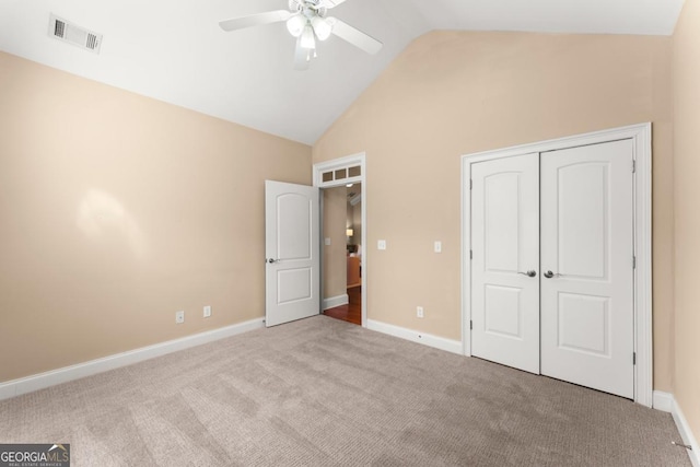 unfurnished bedroom with a closet, visible vents, baseboards, and carpet flooring