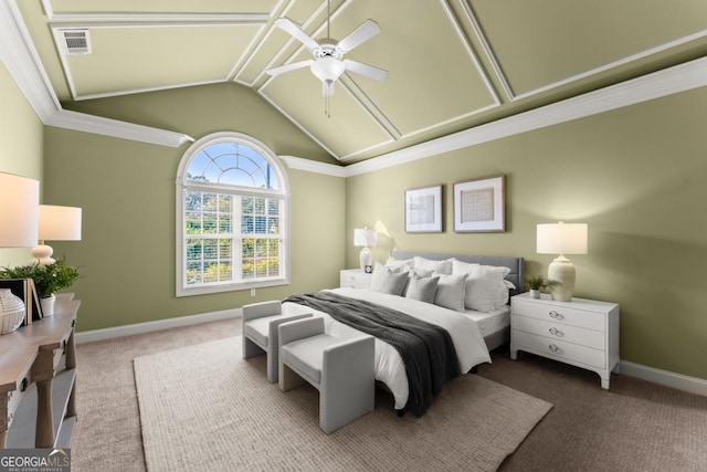 carpeted bedroom with lofted ceiling, visible vents, ceiling fan, and baseboards