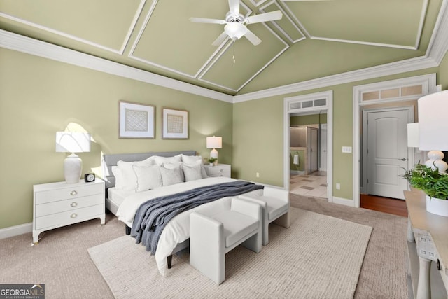 bedroom featuring carpet floors, ceiling fan, baseboards, and vaulted ceiling