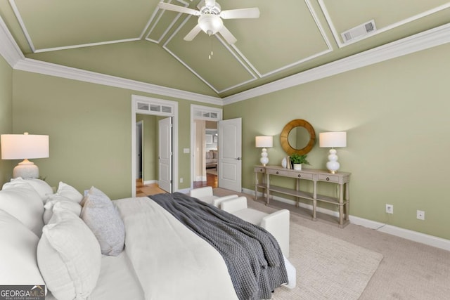 carpeted bedroom featuring baseboards, visible vents, a ceiling fan, lofted ceiling, and ornamental molding