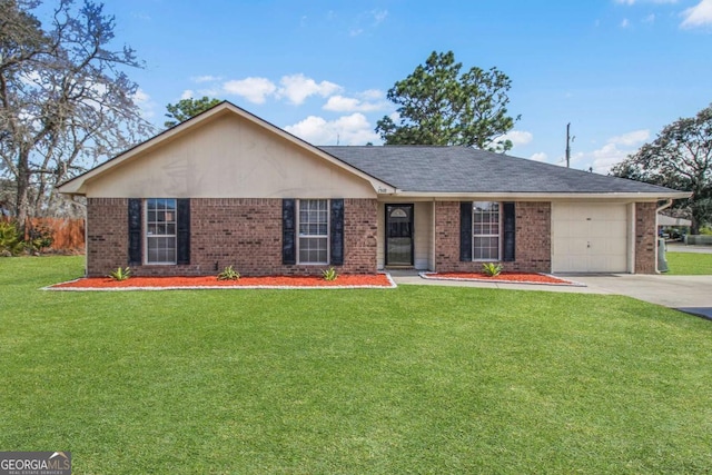 ranch-style house featuring brick siding, driveway, a front lawn, and a garage