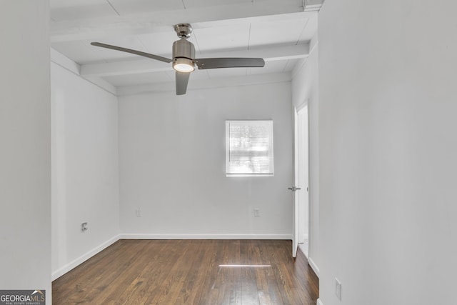 unfurnished room with beam ceiling, hardwood / wood-style floors, attic access, a ceiling fan, and baseboards