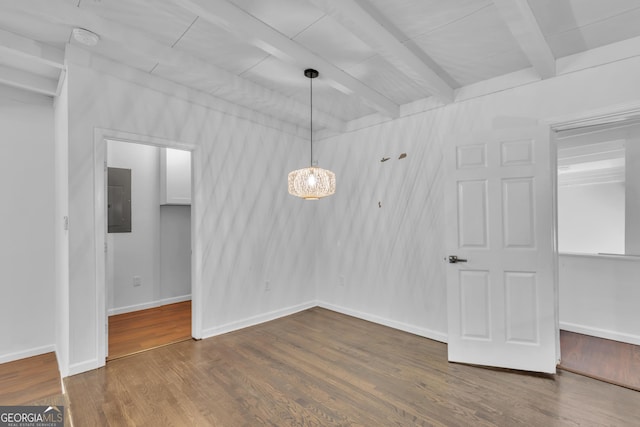 unfurnished dining area with dark wood-type flooring, beamed ceiling, electric panel, and baseboards