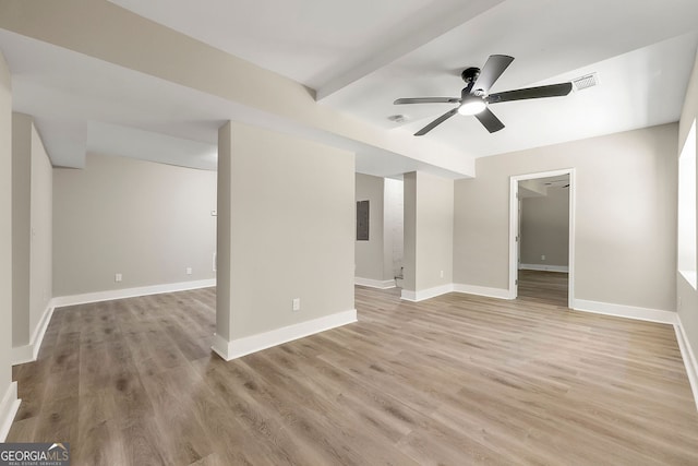 spare room featuring visible vents, light wood-style flooring, and baseboards