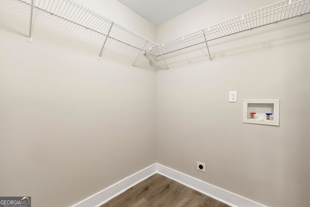 2682 Miriam Ln, Decatur, GA 30032 - laundry room with electric dryer hookup, washer hookup, baseboards, and dark wood-style flooring