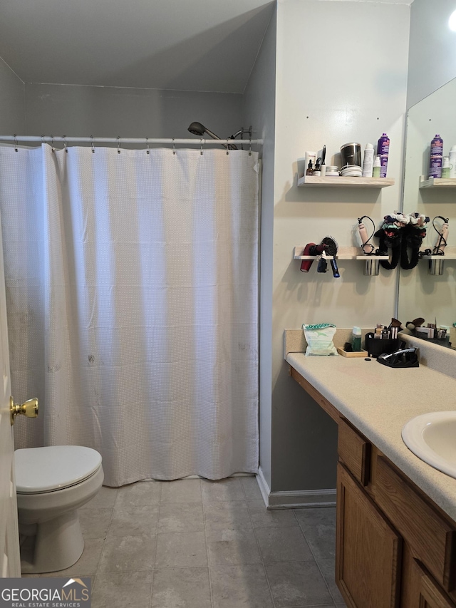 220 Joe Dr, Temple, GA 30179 - full bath with curtained shower, toilet, tile patterned flooring, and vanity