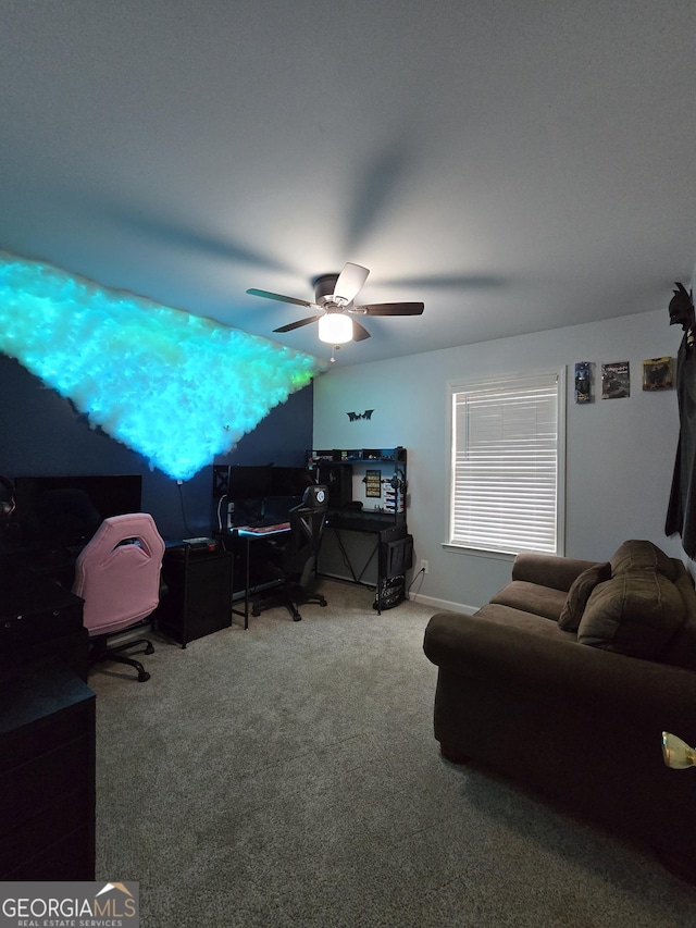 220 Joe Dr, Temple, GA 30179 - home office featuring vaulted ceiling, carpet floors, and a ceiling fan