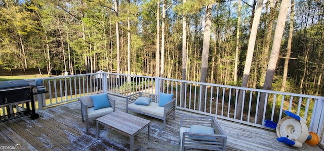 220 Joe Dr, Temple, GA 30179 - wooden deck featuring a wooded view and area for grilling
