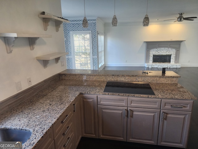 kitchen with black electric stovetop, light stone counters, a fireplace, open floor plan, and open shelves