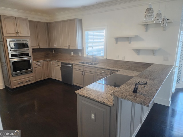 kitchen featuring ornamental molding, a peninsula, stainless steel appliances, open shelves, and a sink