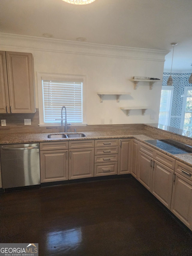 kitchen featuring a sink, ornamental molding, open shelves, and stainless steel dishwasher