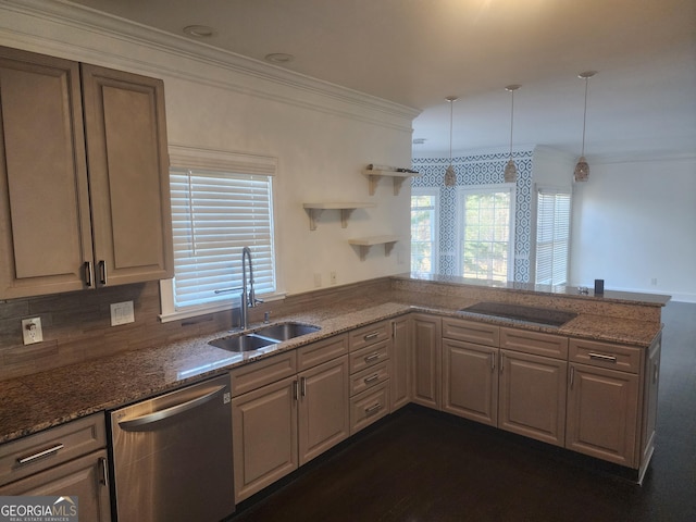 kitchen featuring black electric stovetop, a peninsula, a sink, ornamental molding, and stainless steel dishwasher