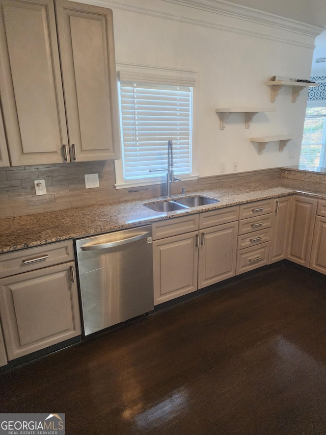 kitchen featuring a sink, dishwasher, open shelves, dark wood finished floors, and crown molding