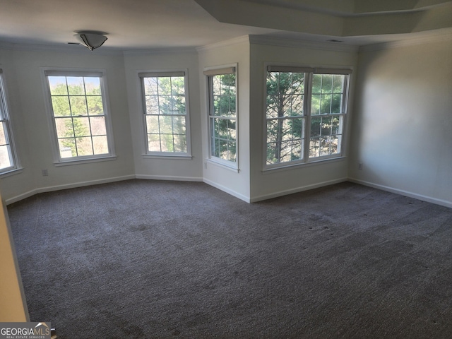 unfurnished room featuring dark colored carpet, crown molding, and baseboards