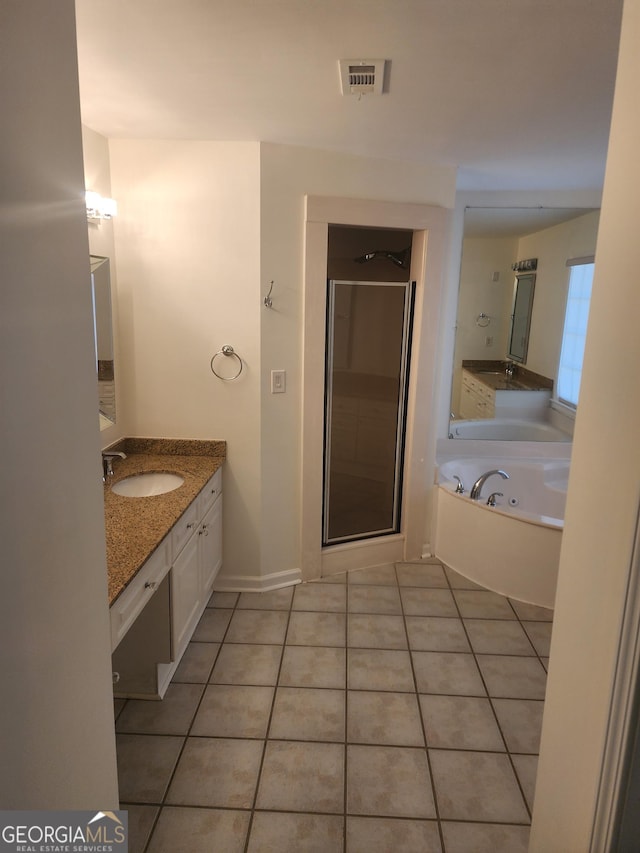 bathroom with vanity, visible vents, a shower stall, tile patterned floors, and a whirlpool tub