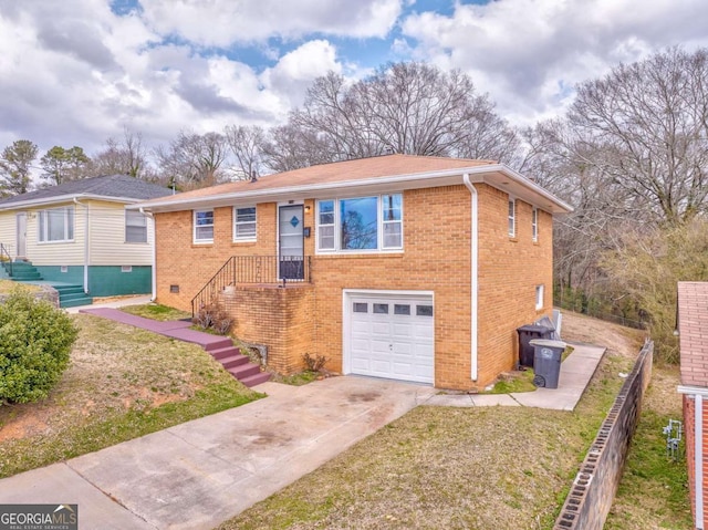 bungalow-style house featuring brick siding, concrete driveway, fence, a garage, and a front lawn