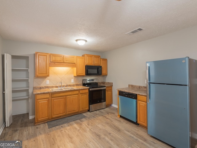 kitchen featuring tasteful backsplash, visible vents, appliances with stainless steel finishes, light wood-type flooring, and a sink