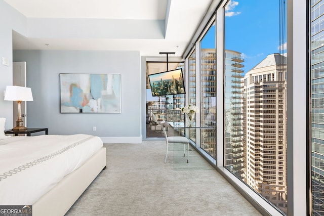 carpeted bedroom with floor to ceiling windows and baseboards