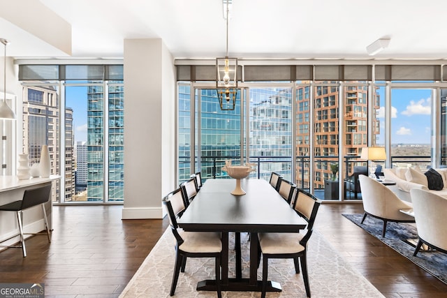 dining area with a wall of windows, wood finished floors, and a wealth of natural light