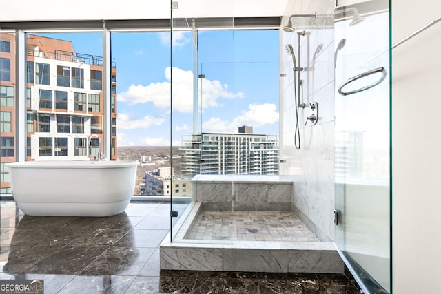 full bathroom featuring a city view, a shower stall, and a freestanding bath