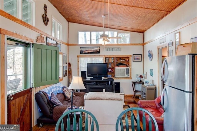 living area featuring wood ceiling, high vaulted ceiling, and ceiling fan