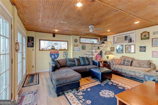 living area featuring stairway, wood finished floors, wood ceiling, and recessed lighting