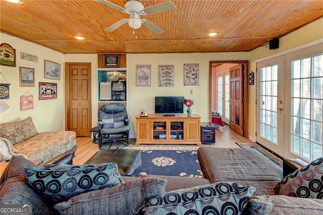 living room featuring french doors, recessed lighting, a ceiling fan, wood finished floors, and wooden ceiling