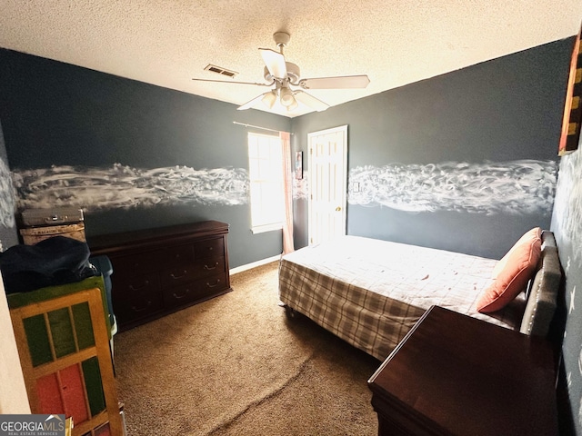 bedroom with baseboards, visible vents, a ceiling fan, a textured ceiling, and carpet flooring