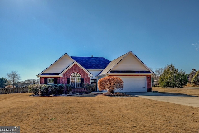 single story home featuring brick siding, concrete driveway, an attached garage, a front yard, and fence