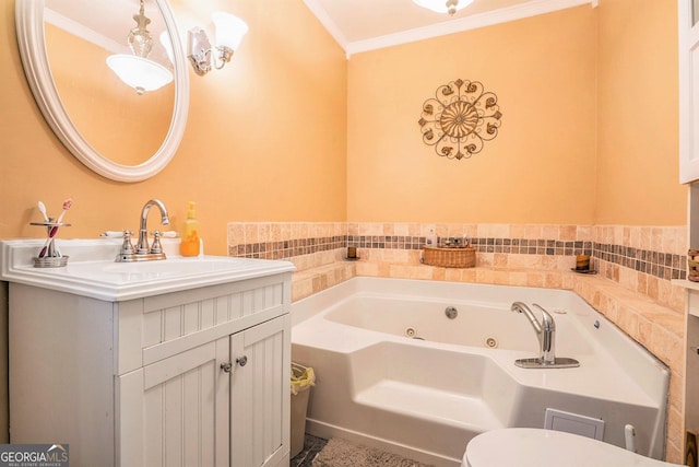 bathroom featuring a whirlpool tub, toilet, vanity, and crown molding