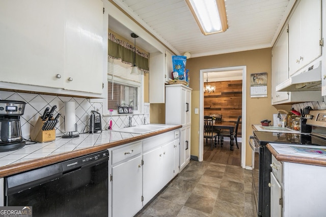 kitchen with black dishwasher, under cabinet range hood, stainless steel range with electric stovetop, white cabinetry, and a sink