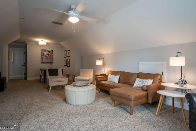 living room featuring visible vents, baseboards, vaulted ceiling, a ceiling fan, and carpet