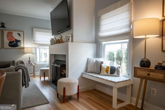 interior space with light wood finished floors, a fireplace with flush hearth, ornamental molding, and baseboards