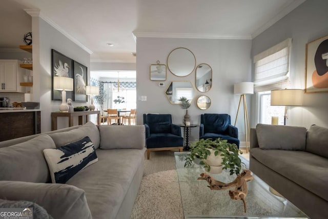 living room with ornamental molding and a healthy amount of sunlight