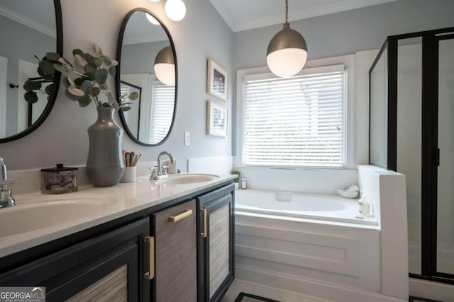 bathroom featuring a garden tub, ornamental molding, a stall shower, and a sink