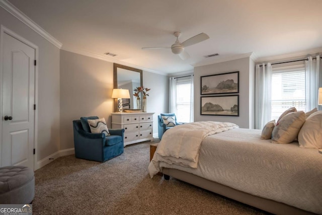 carpeted bedroom with ornamental molding and multiple windows