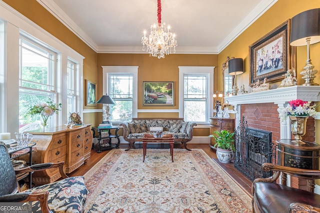 living room with a chandelier, wood finished floors, and crown molding