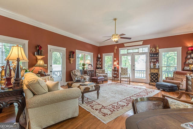 living room with crown molding, a ceiling fan, wood finished floors, and french doors