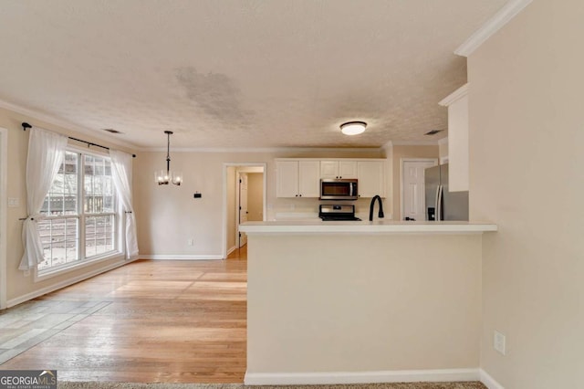 kitchen with light wood finished floors, appliances with stainless steel finishes, and crown molding