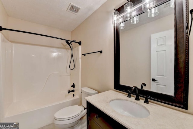 bathroom with toilet, shower / bathing tub combination, vanity, and visible vents