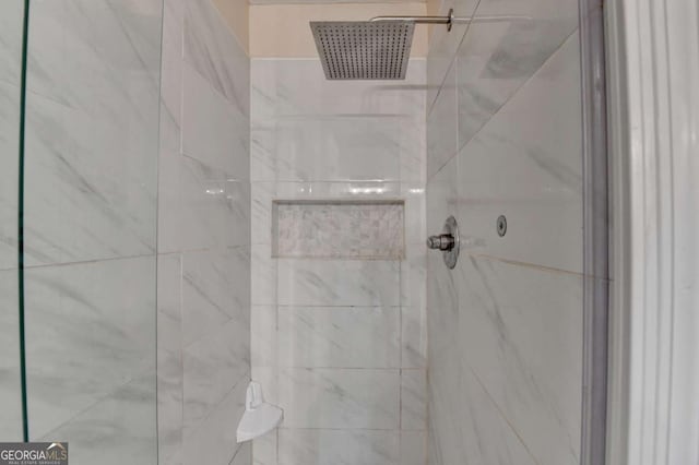 interior details featuring a marble finish shower