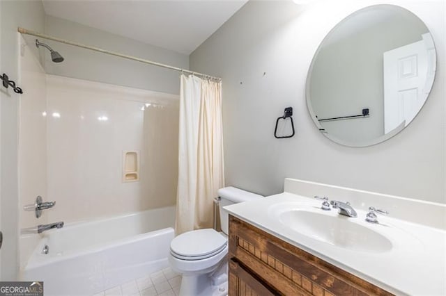 full bathroom with toilet, tile patterned floors, shower / bath combination with curtain, and vanity