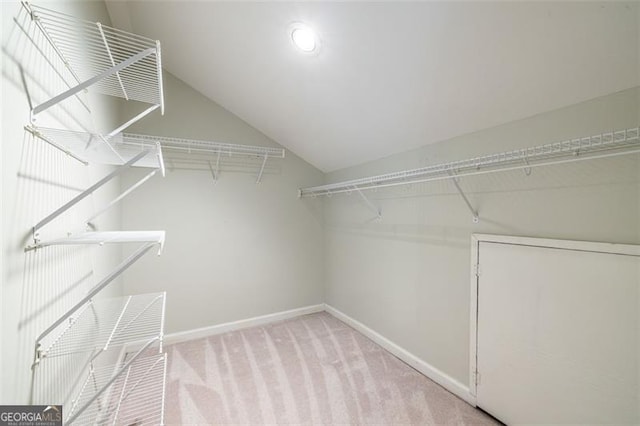 walk in closet featuring carpet flooring and vaulted ceiling