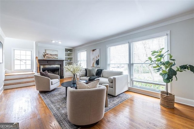 living room featuring a fireplace and a healthy amount of sunlight