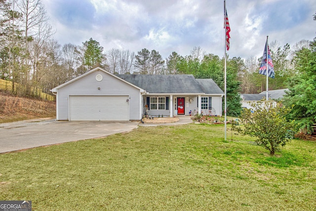 ranch-style house with driveway, an attached garage, and a front lawn