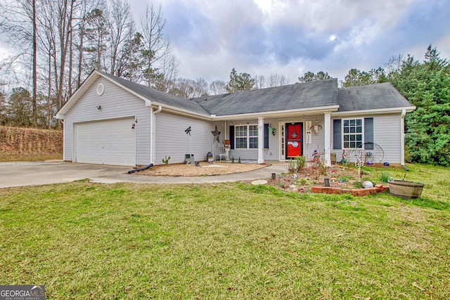 ranch-style house featuring a garage, concrete driveway, and a front lawn