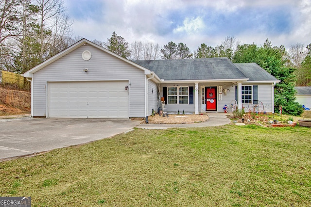 ranch-style home featuring concrete driveway, a front lawn, and an attached garage