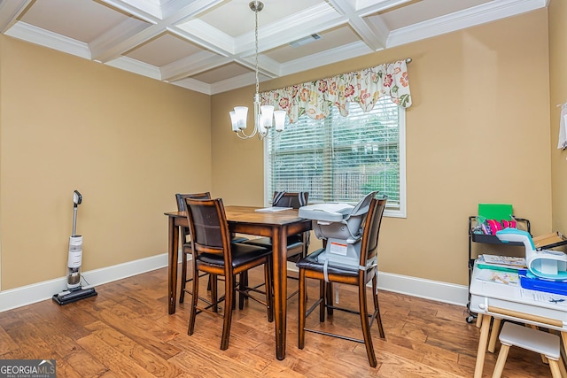 dining space with wood finished floors, coffered ceiling, baseboards, and an inviting chandelier