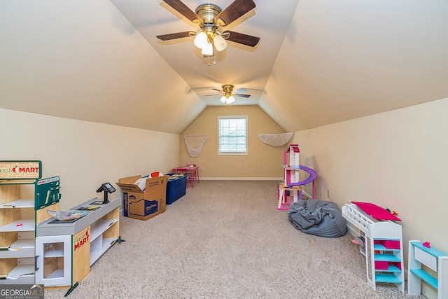 game room featuring vaulted ceiling, carpet floors, and baseboards