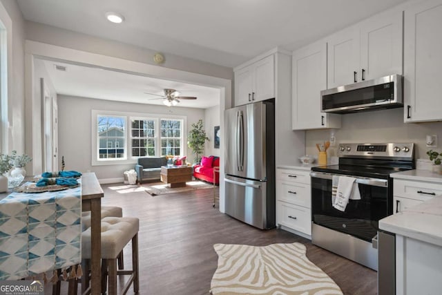 kitchen with light countertops, white cabinets, dark wood-type flooring, and appliances with stainless steel finishes